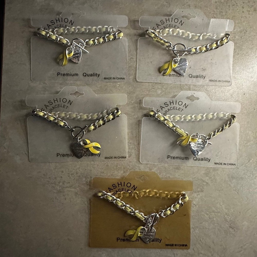 Sarcoma & Bone Cancer Awareness: Five Yellow Ribbon Charm Bracelets